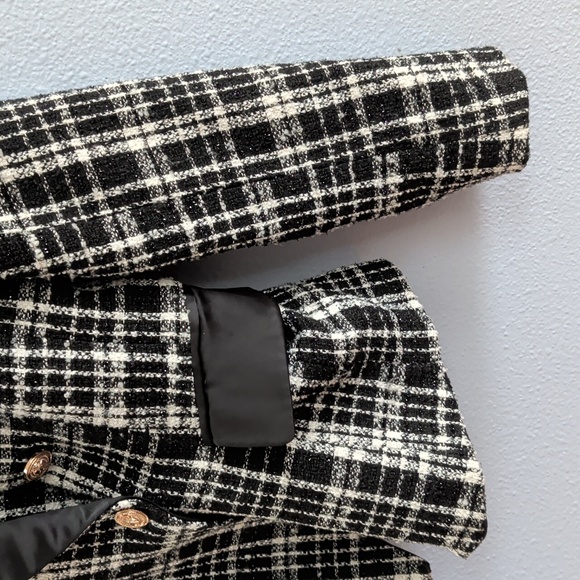 Rachel Parcell Double Brested Satin Lapel Black and White Checkered Tweed Blazer - Picture 5 of 12